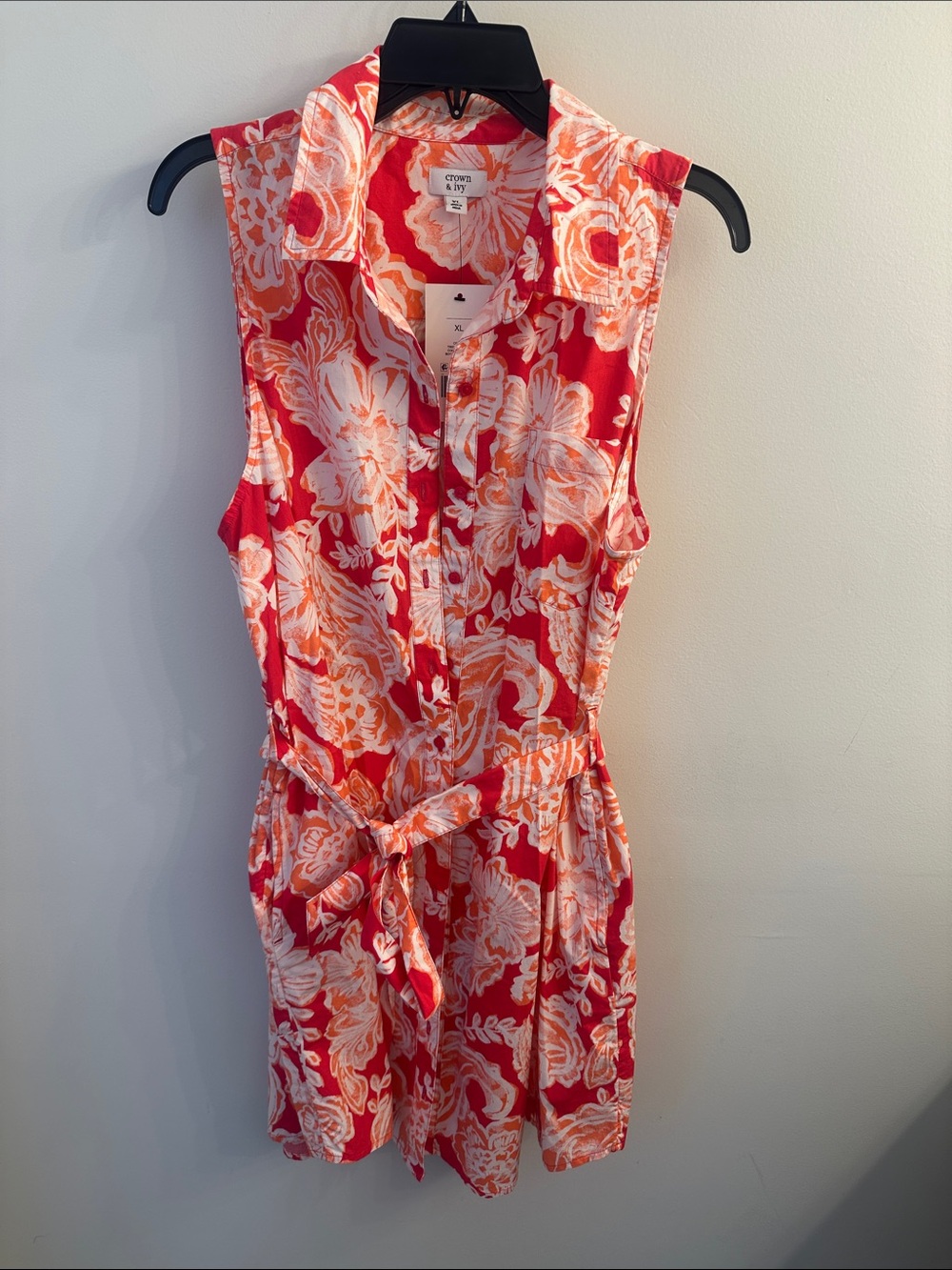 Crown & Ivy Coral Sleeveless Button Up Shirt Dress with Pockets NWT SZ XL